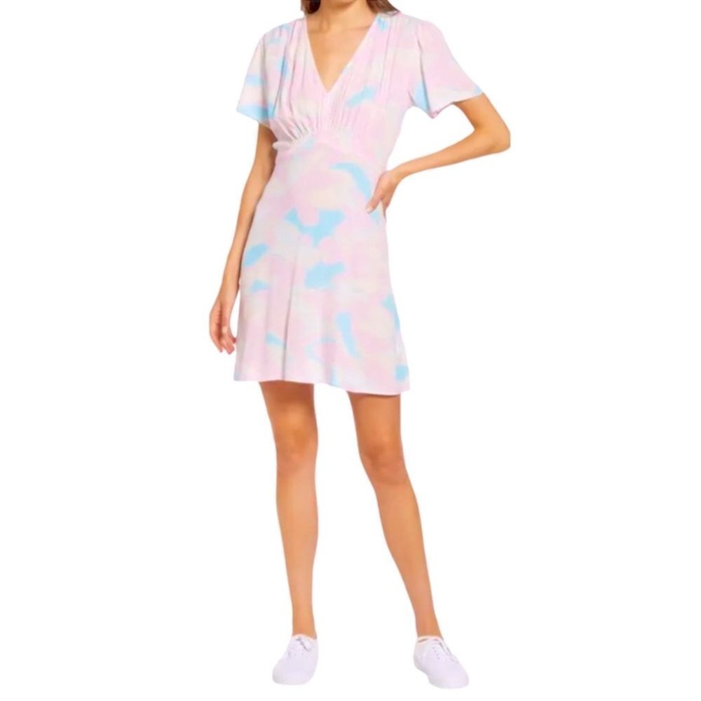 BP. Pastel Abstract V-Neck Short Sleeve Crepe A-Line‎ Dress Women’s Small